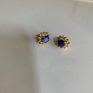 Goldtone blue cats eye earrings with rhinestones